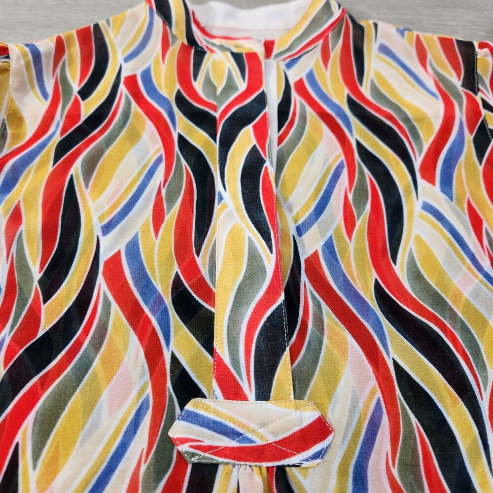 Anne Klein Retro Multicolor Geometric Sheer Longsleeve Blouse Womens Size 2 - Picture 9 of 13